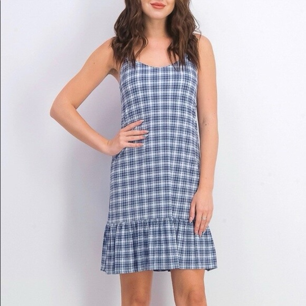 MICHAEL KORS Blue Plaid Ruffle Hem Mini Slip Dress Women's Size Small